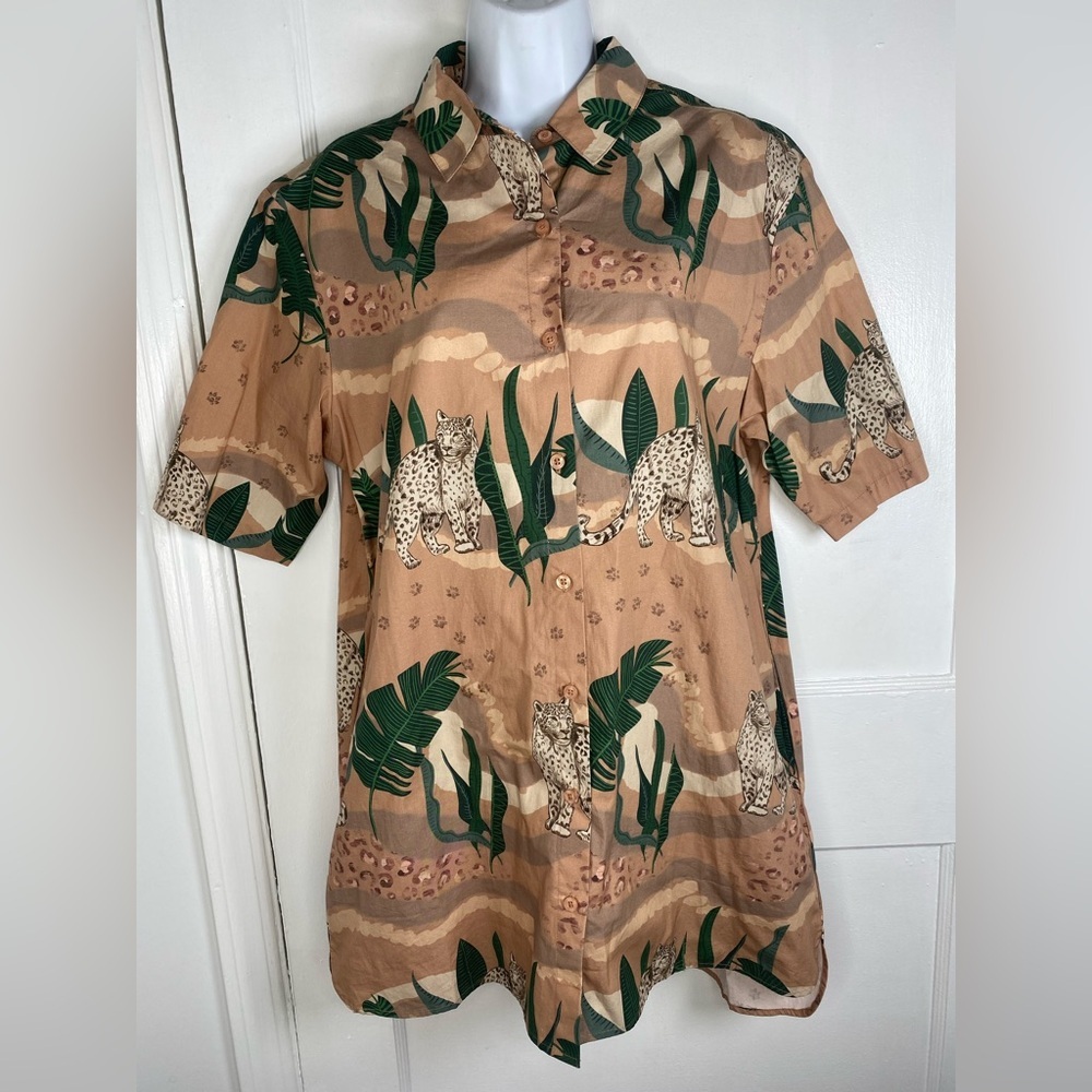 Las Surenas Brown Animal Leopard Print Short Sleeve Tunic Dress